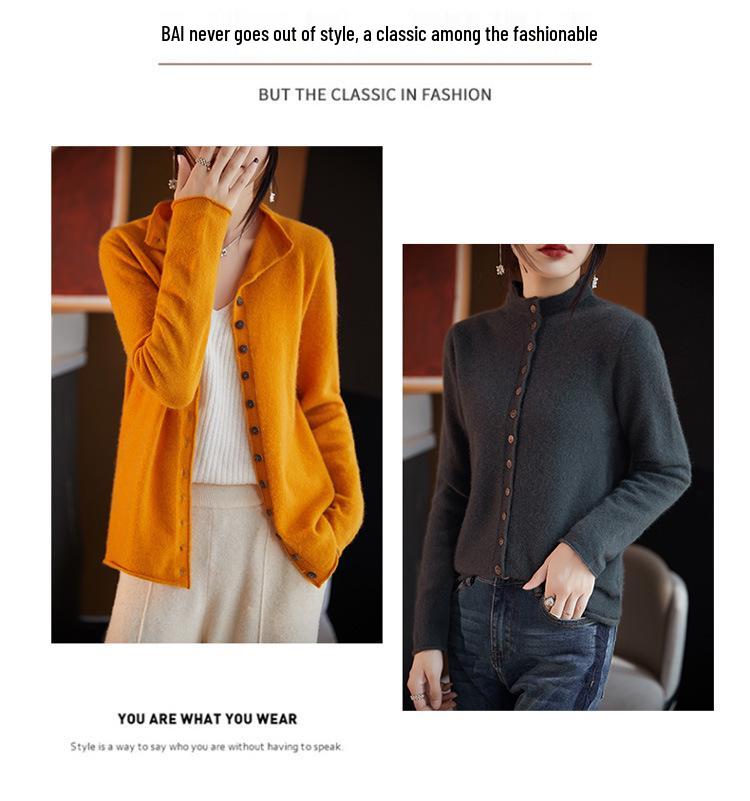 Women's 100% Wool Stand Collar Seamless Cardigan - Loose Knit Long Sleeve Cashmere Coat for Autumn/Winter