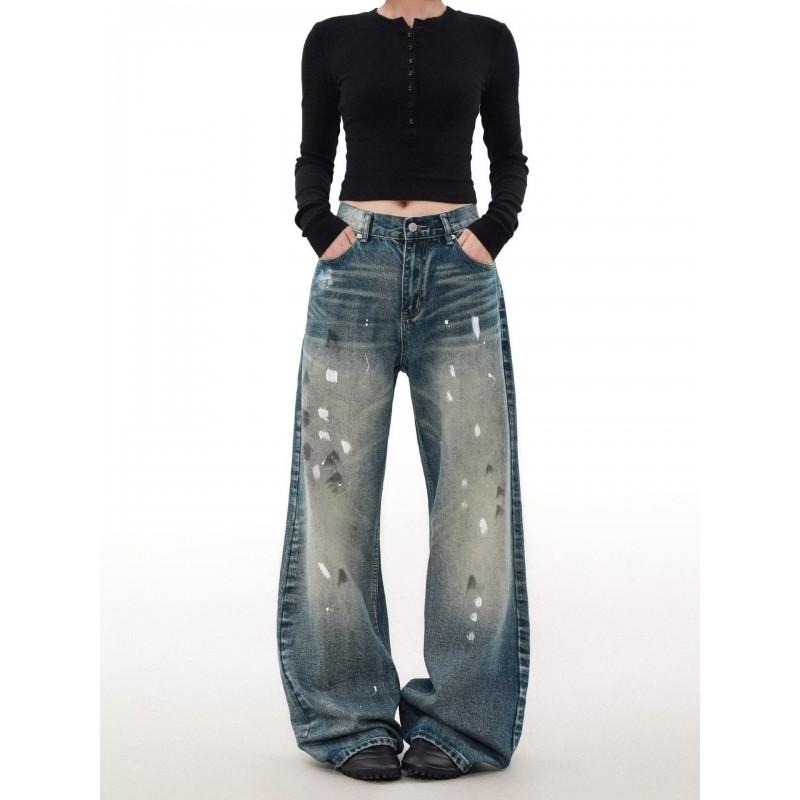 2026 Embroidered Denim Pants Loose Fit High Street Style Wide Leg Jeans Teens
