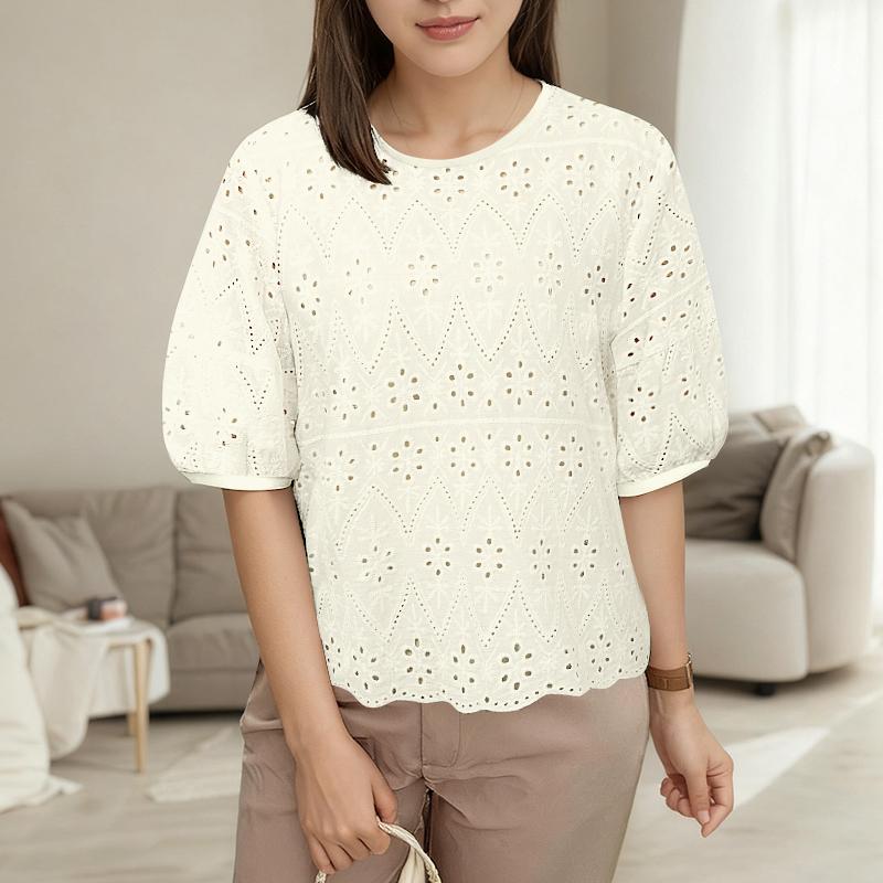 ZANZEA Women Casual Round Neck Short Sleeve Embroidery Crochet Patchwork Blouse