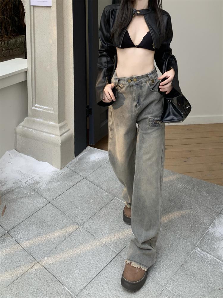 American 2000s Vintage Cargo Jeans Women High Waist Vintage Y2k Harajuku Denim Trousers Female Retro Fashion 90s Casual Wide Pants
