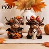 Fine Carving Wood Art 2PCS Highland Cow Ornament, Wooden Rustic Style Figurine, Thanksgiving Home Decoration Theme Art, for Entrance Living Room Decor