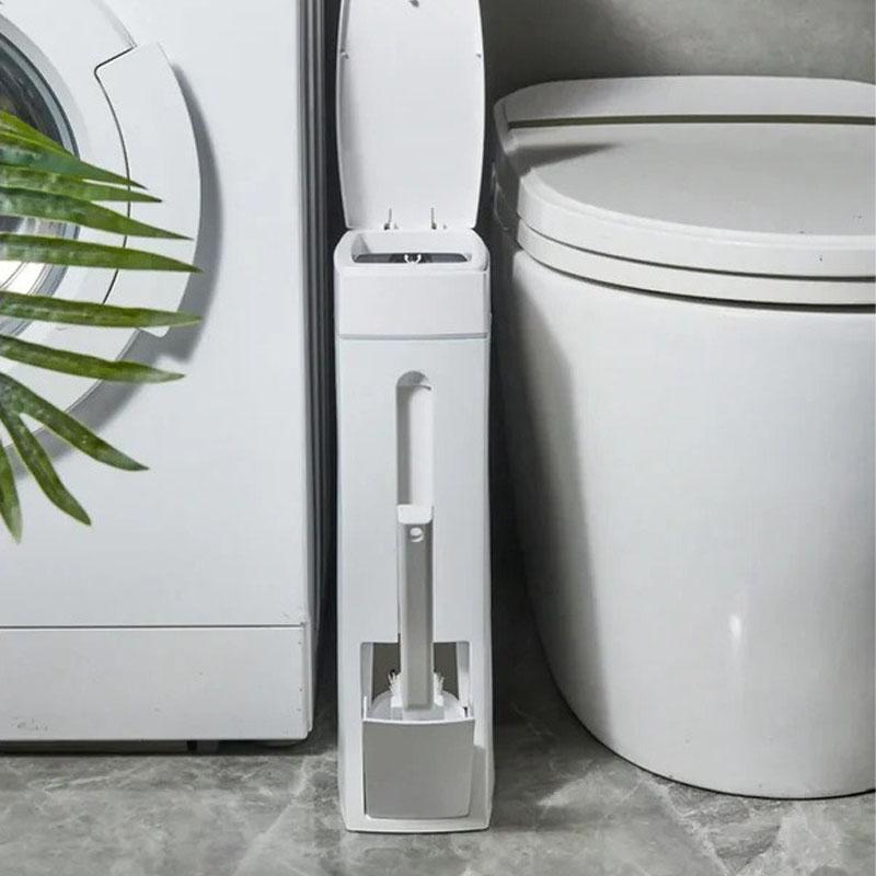 Ultra thin trash can suitable for narrow spaces, equipped with cleaning supplies, lid, and toilet brush - perfect for bathrooms