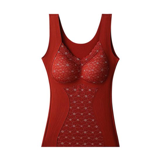 

Женский бесшовный жилет с нагрудными вкладышами, без рукавов, толстый немецкий бархат, термобелье, сохраняющее тепло, эластичный, с V-образным вырезом, кружевной топ, зимняя базовая модель XL красный