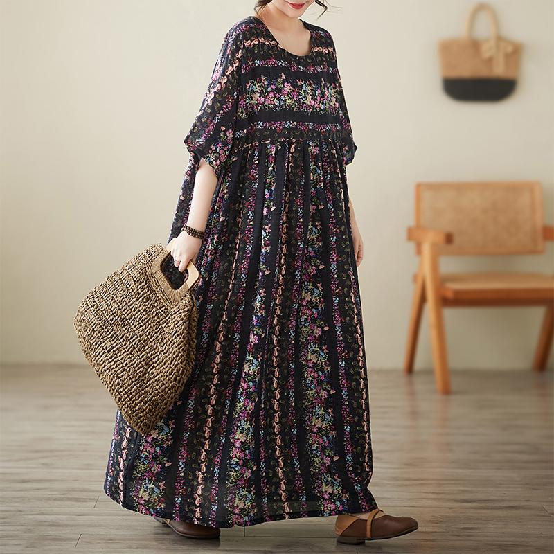 DIMANAF Neu 2025 Sommer Damen Übergröße Kleid Blumendruck Locker Elegant Basic Langes Freizeitkleid Vintage