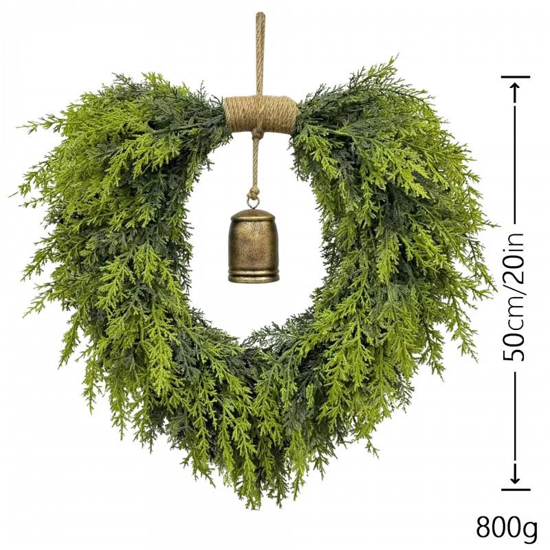 50cm Heart-Shaped Bell Wreath Christmas Door Wall Decor Plastic Pinecone Cedar Style American Home Holiday Decoration