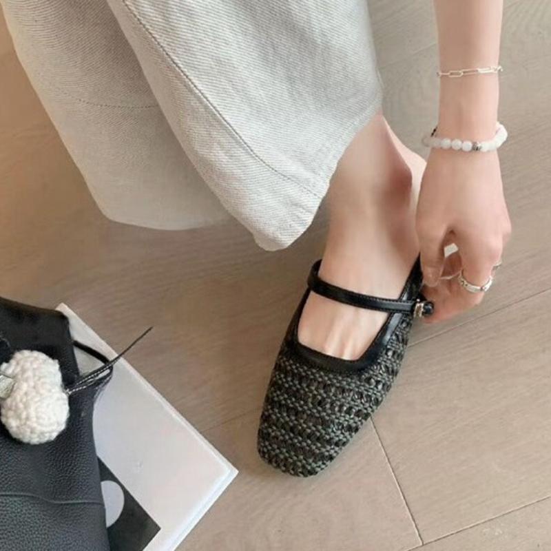 Fashion Weave Women Low Heel Slippers Shoes Mules Spring Summer Square Toe Ladies Heeled Slippers Shoes Sandals Female Slides