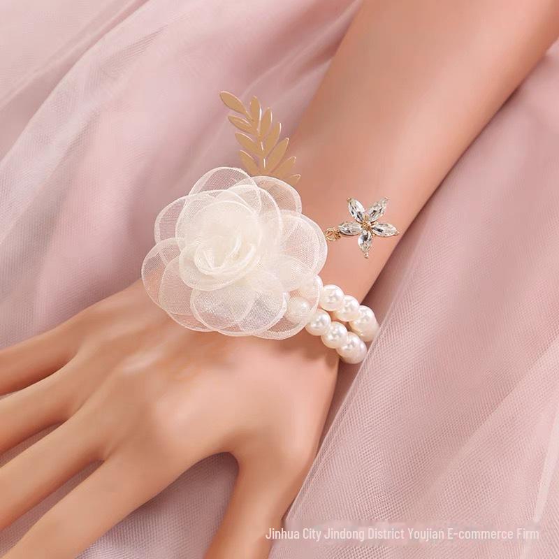 Korean Pearl Bridesmaid Corsage Bracelet - Elegant Floral Hand Accessory for Parties & Weddings