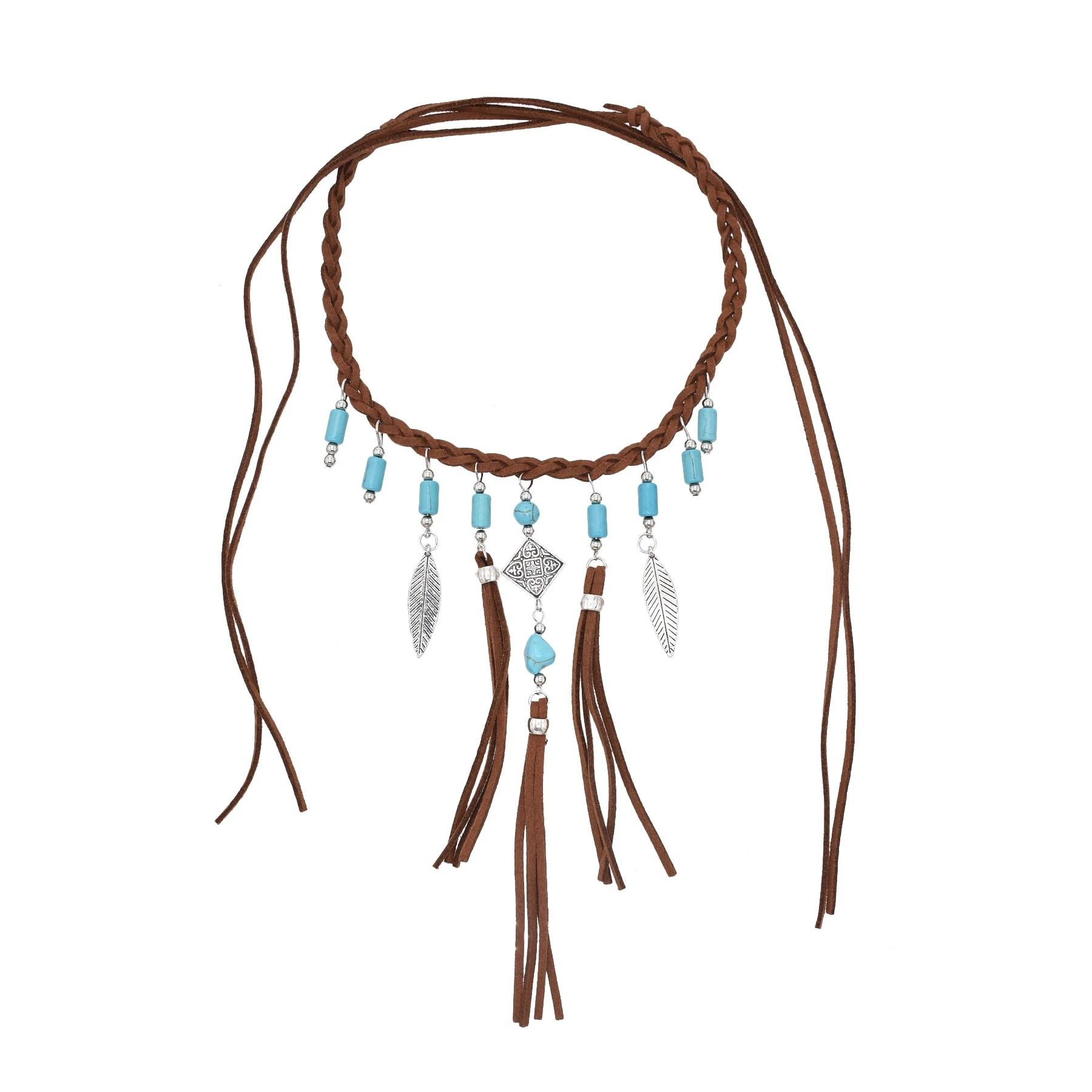 

Ретро кожаная веревка плетеная индийская ожерелье акриловые бусины лист кисточка чокер этническое заявление ювелирные изделия синий