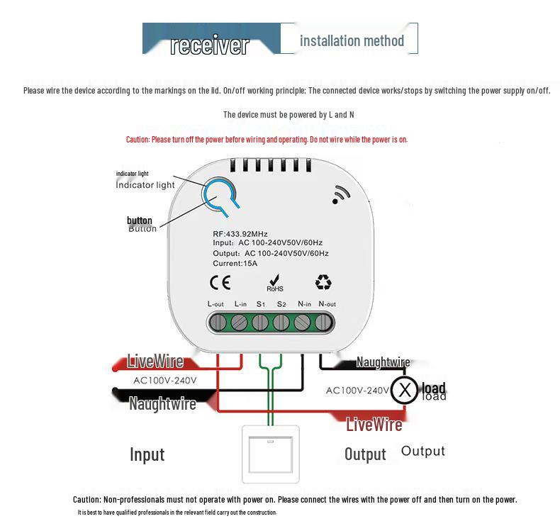 Întrerupător de lumină wireless cu auto-alimentare cu buton mare - Nu necesită cablare sau baterii