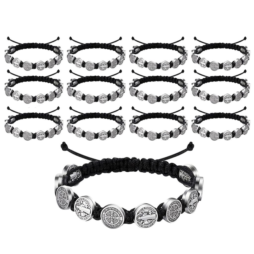 Pack Of 12 Adjustable Saint Benedict Medals Bracelets Woven Adjustable Wristchains Spiritual Jewelry for Men and Women