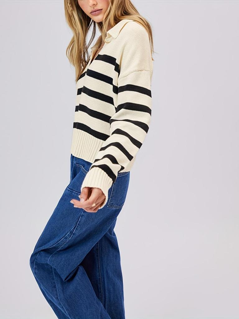 Retro Striped Polo Collar Wool Sweater for Women - Loose, Versatile Lapel Knitwear for Autumn