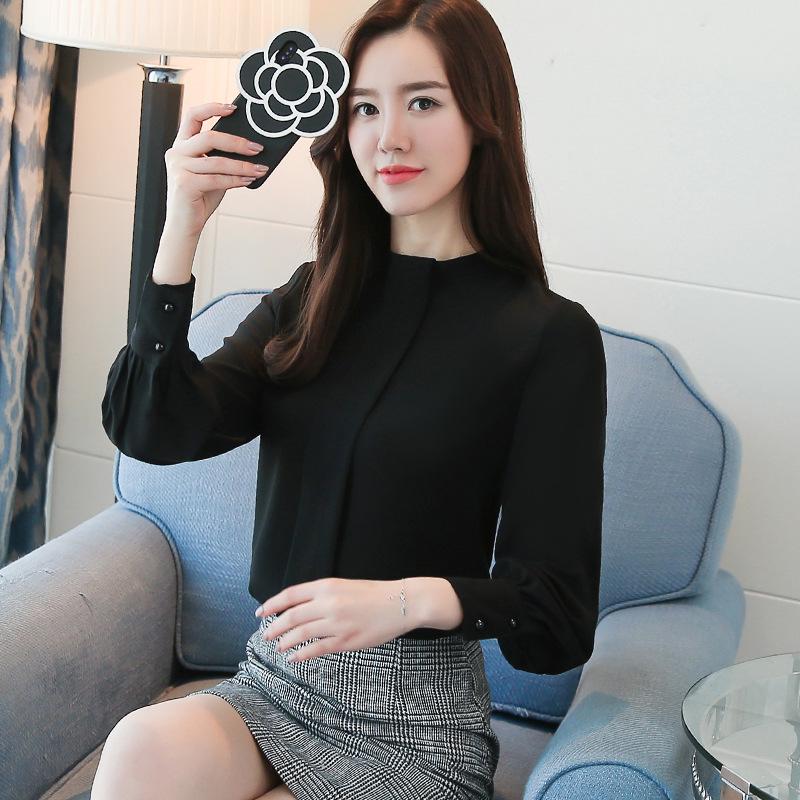 

YYFS Женская мода Повседневная весна-осень Однотонные принты Длинные рукава Стойка-воротник Блузки и рубашки S чёрный