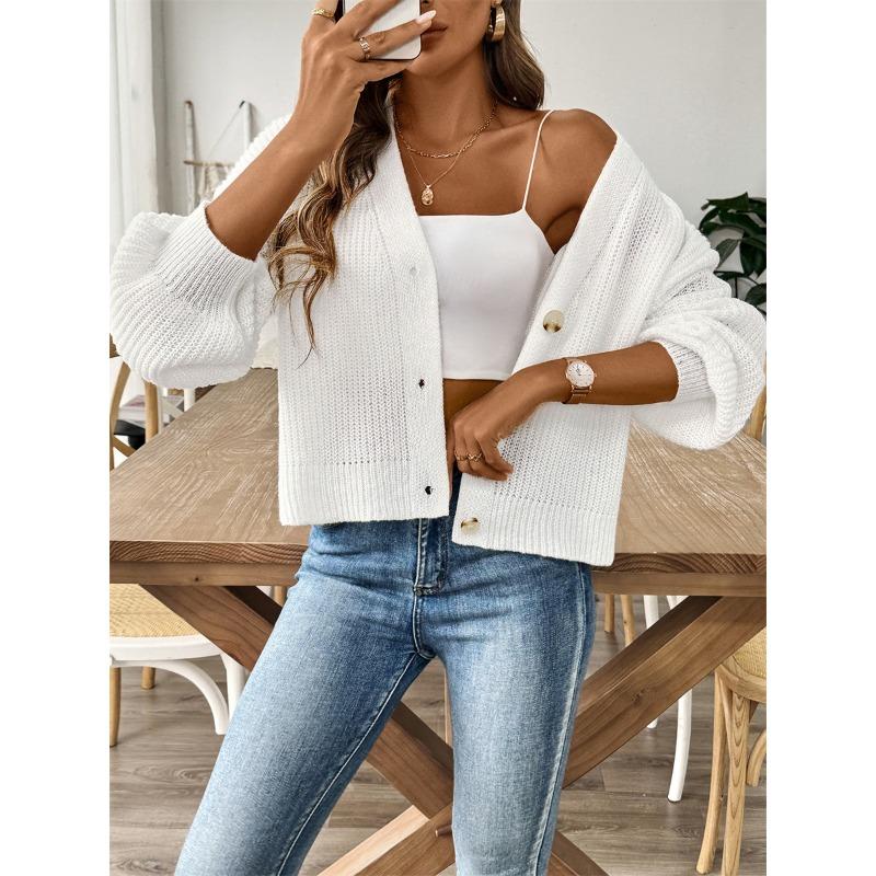 Herbst Winter V-Ausschnitt Einfarbig Locker Lässige Strickjacke Top Damen Einfacher Alleskönner Pullover Mantel Oberbekleidung