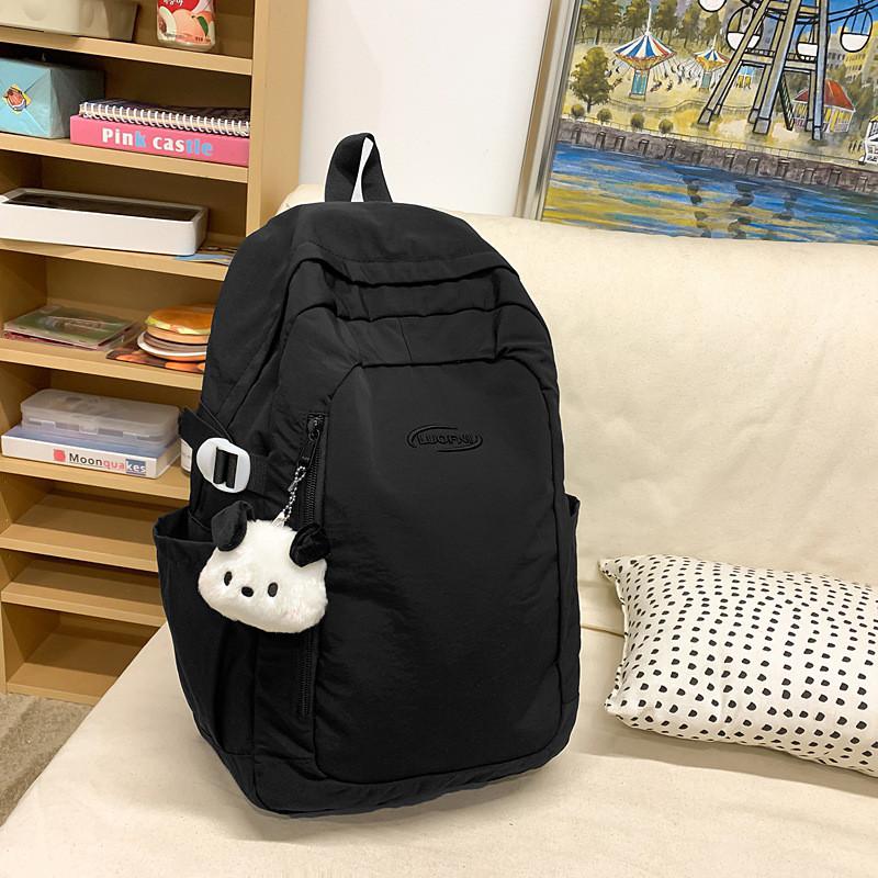 Simple Solid Color Letter Embroidery Student Backpack With Plush Pendant чёрный