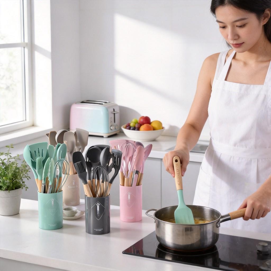 Silicone Kitchen Utensil Set With Wooden Handles For Cooking Nonstick Heatresistant For Home Use