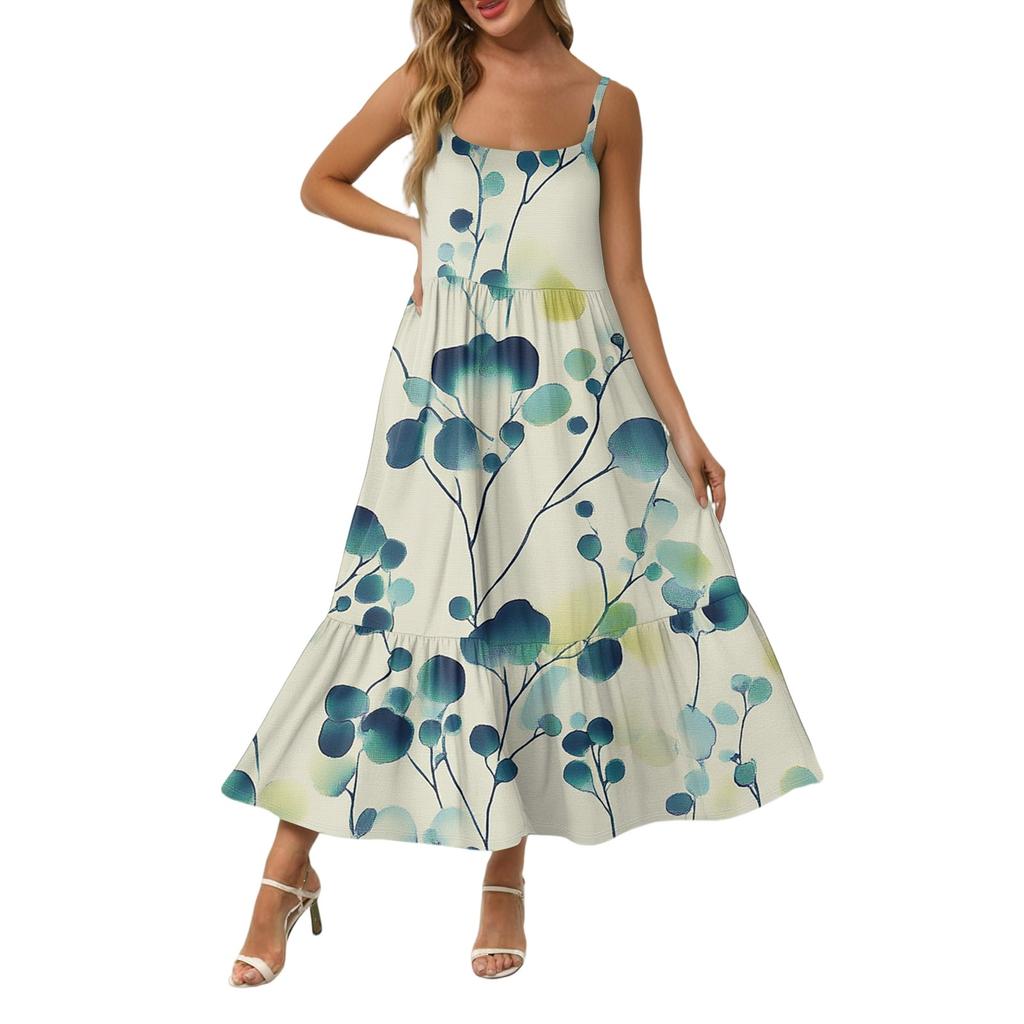 Women's Long Beach Casual Elegant Spaghetti Strap Maxi Dress Stitching Low-key Flowing Bohemian Dress