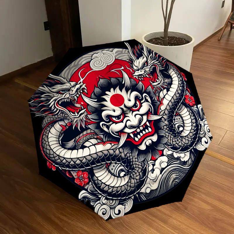 1pc Japanese Demon Mask with Dragons Umbrella with Plastic Handle,Suitable for All Seasons Home Travel Outdoor UmbrellaDD1058