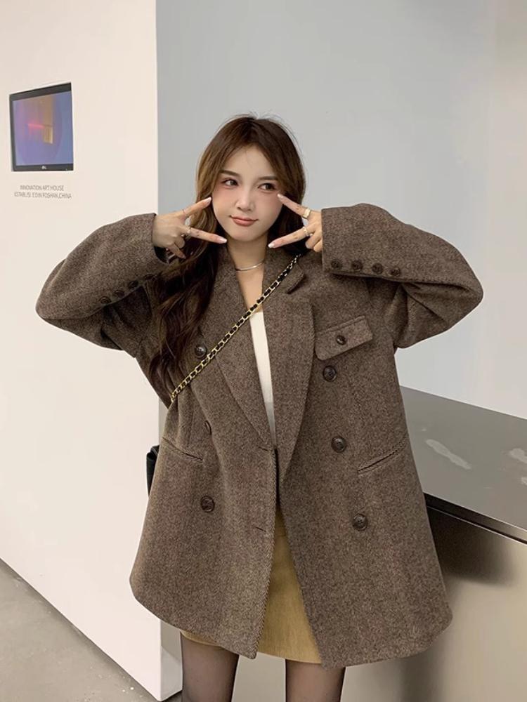 New Korean Chic Elegant Reversible Cashmere Coat Women Autumn Winter Loose Woolen Blazer Jackets Short Streetwear Clothes