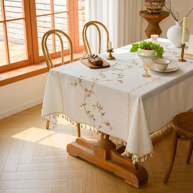 Nordic Cotton Linen Fabric Tablecloth Embroidered Dining Table Cloth Waterproof and Oil Proof Tea Table Cloth Rectangular Tassel