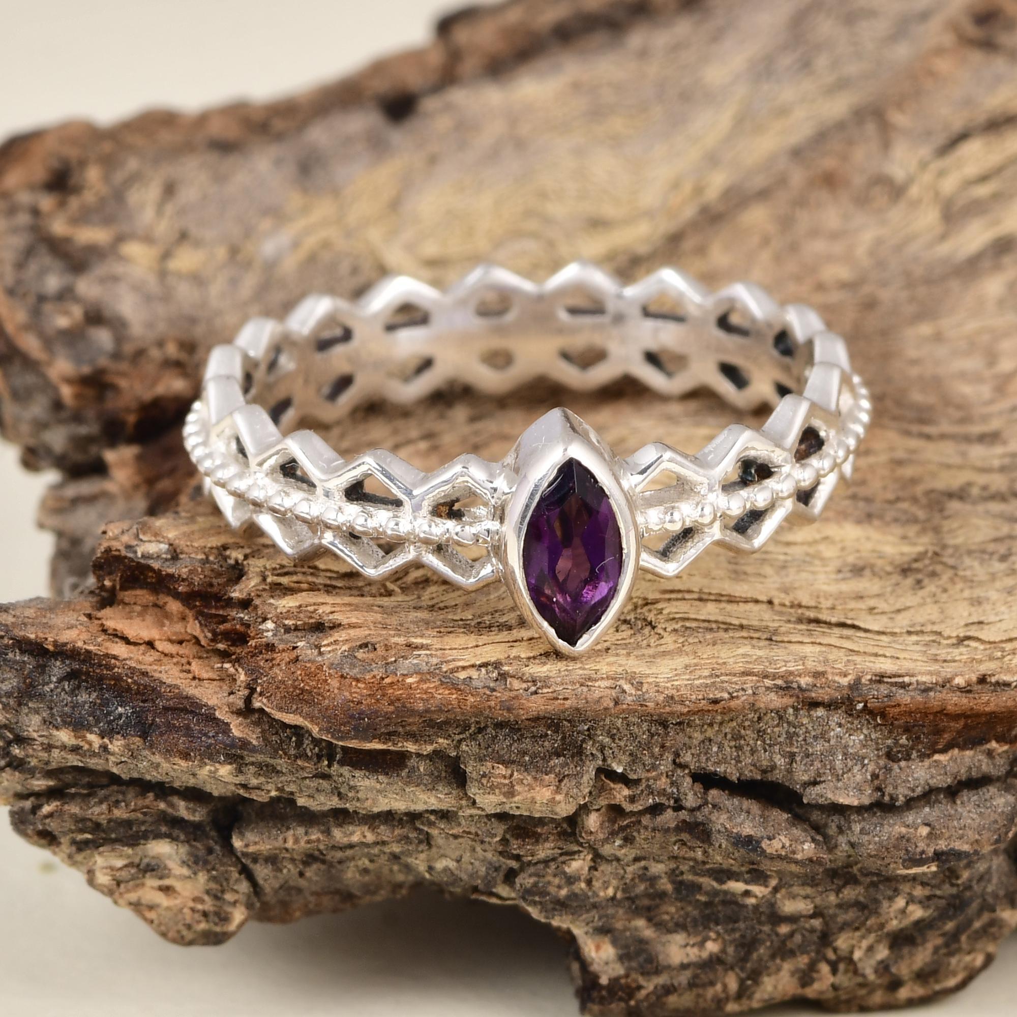 Minimalist Amethyst Ring, Marquise Purple Gemstone Promise Ring in Sterling Silver, Delicate Birthstone Band. 5