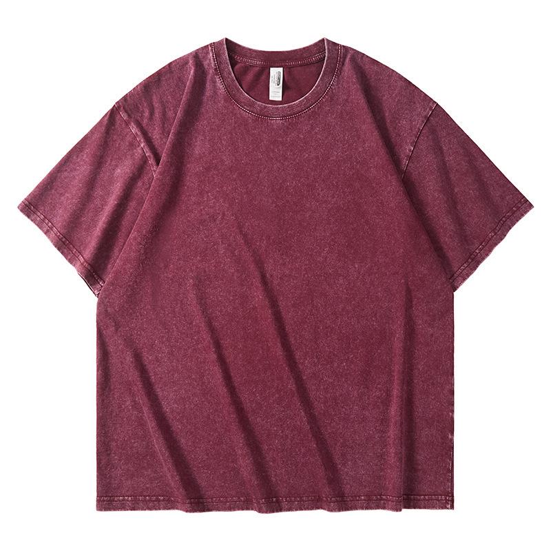 Retro bawełniany T-shirt z efektem sprania, 230g, Prany, Krótki rękaw, Okrągły dekolt, Luźny krój, Wzór płatka śniegu, Męska odzież codzienna