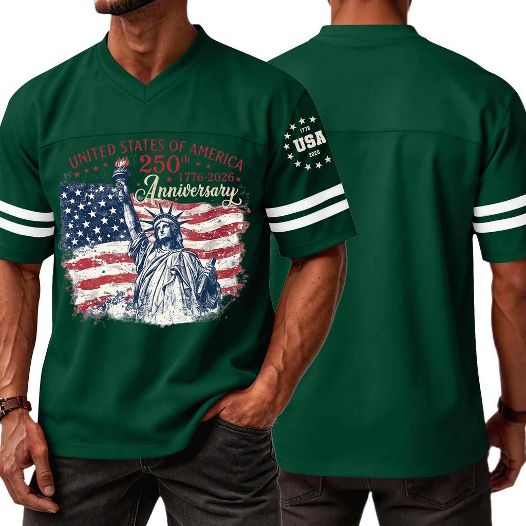 Mens V Neck Short Sleeve Jersey Style T Shirt with States 250th Anniversary Print and Flag Graphic