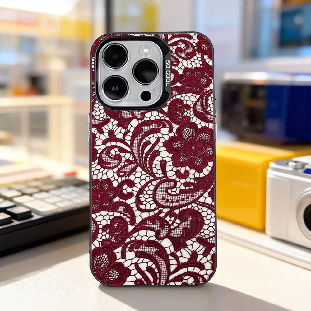 Lace Print Pattern Phone Case For iPhone 17,16,15,14,13,12,11,Pro,XS,Max,Plus,Mini,SE4,E Black Matte Shockproof Cover