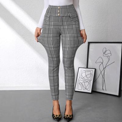 Women's Leggings Elegant Plaid Print Button Decoration Black White High Waisted Slim Fit Knitted Pants