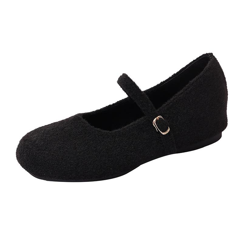Retro Flat-bottomed Woolen Round Head One-word Buckle Single Shoes for Women's 2025 Autumn and Winter New Plush Flat-bottomed Mary Jane Mao Shoes