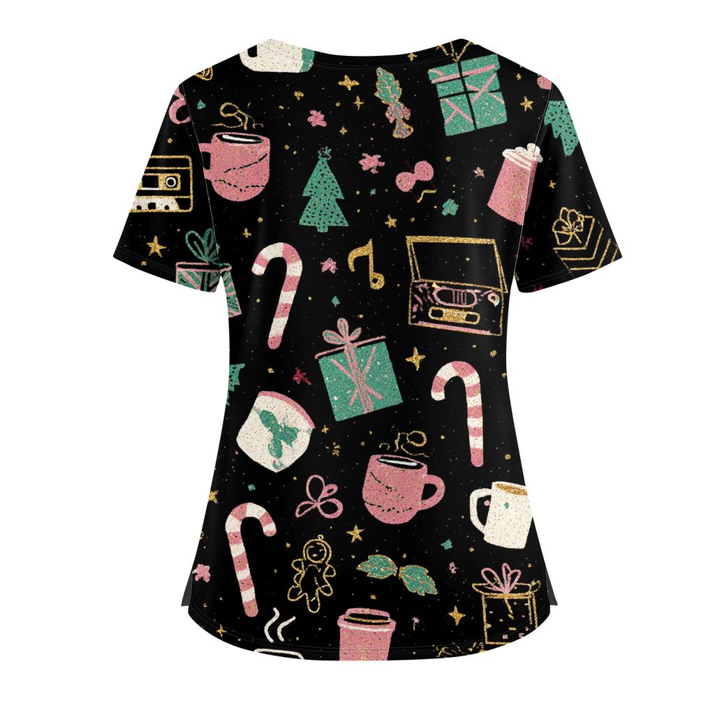 Women's Christmas Print V-Neck Double Pocket Short Sleeves Hem Slit  Uniform And Caregiver Top