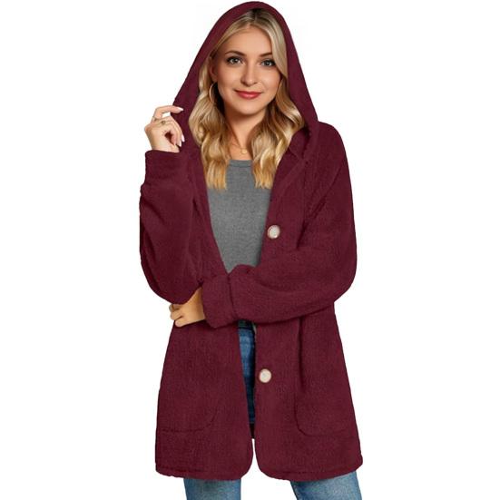 Fleece Jackets for Women Oversized Button Down Fuzzy Hooded Coat Casual Long Sherpa Outerwear with Pockets
