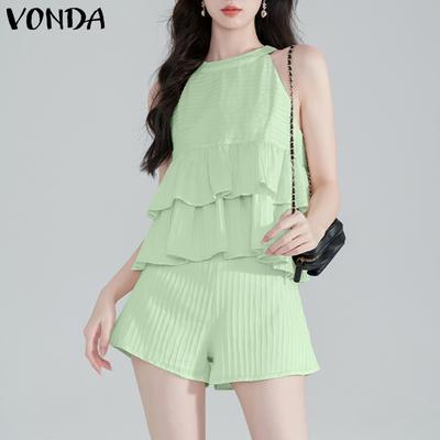 2PCS Women Sets Sleeveless Ruffled Tanks and Elastic Waist Shorts Texture Outfits