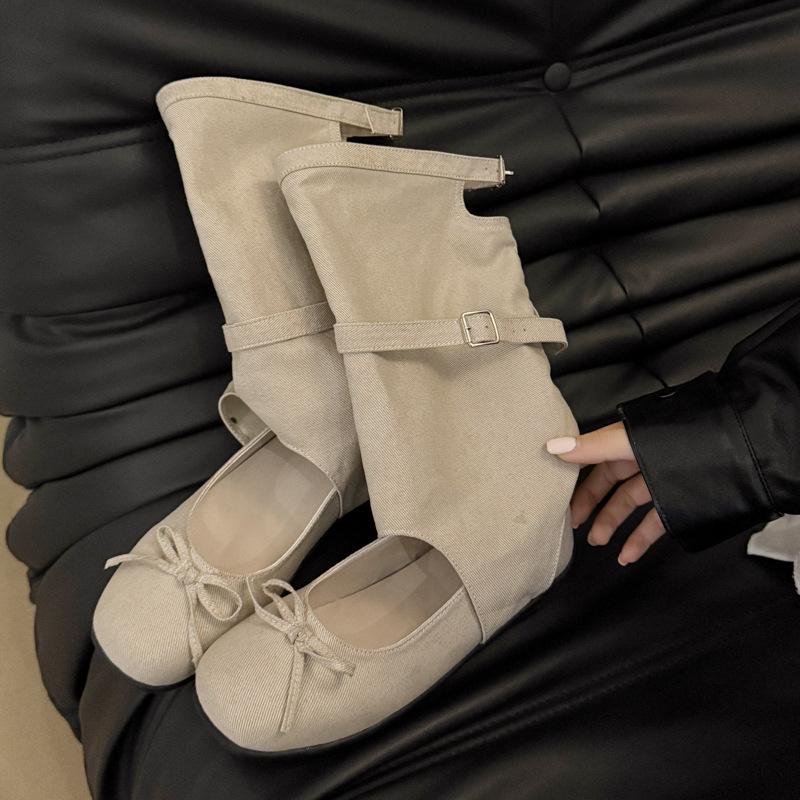 

French ballet style bow square head hollow mid-tube stacking boots 2025 summer thick heel fashion cool boots mid-tube boots 40