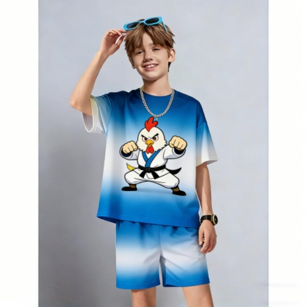 Summer Men s Set Anime Cartoon Chicken Printed Men s T-shirt and Shorts 2 Piece Set Summer Casual Outdoor Men s and Women s Outfit XXS