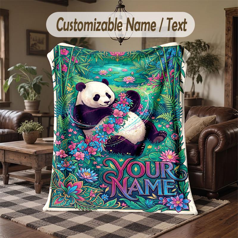 Panda Bamboo Forest Adventure Theme Throw Blanket Custom Name Text Personalized Blanket Soft Cozy Blanket for Home Sofa Bed