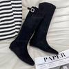 Height Increasing Western Cowboy Boots for Women Suede Knee-High Black Long Boots Vintage Style Chunky Heel Footwear Botas Mujer