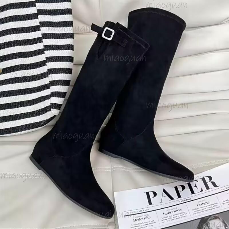 Height Increasing Western Cowboy Boots for Women Suede Knee-High Black Long Boots Vintage Style Chunky Heel Footwear Botas Mujer