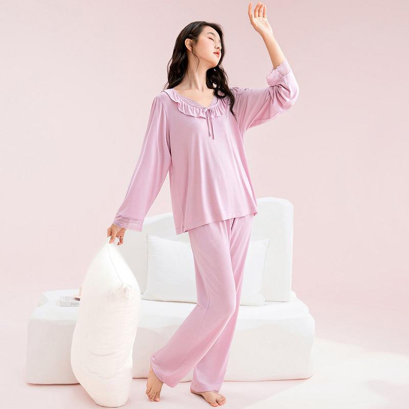 Fenteng [Yukosi] Fenteng Spring and Autumn Lotus Edge Lace V-neck Sexy Pajamas Women's High end Home Furnishings