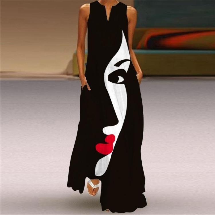Abito Estivo da Festa in Spiaggia Moda Stampa Bohemien Lungo Maxi Scollo a V Senza Maniche Donna