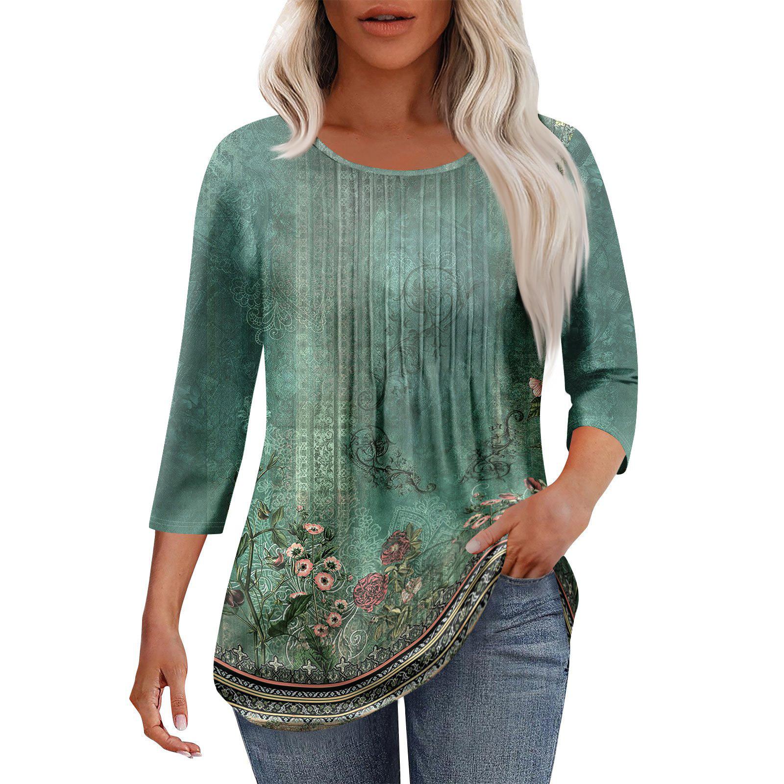 

Женская модная повседневная плиссированная футболка с круглым вырезом и принтом в стиле досуга с рукавом семь четвертей XXL