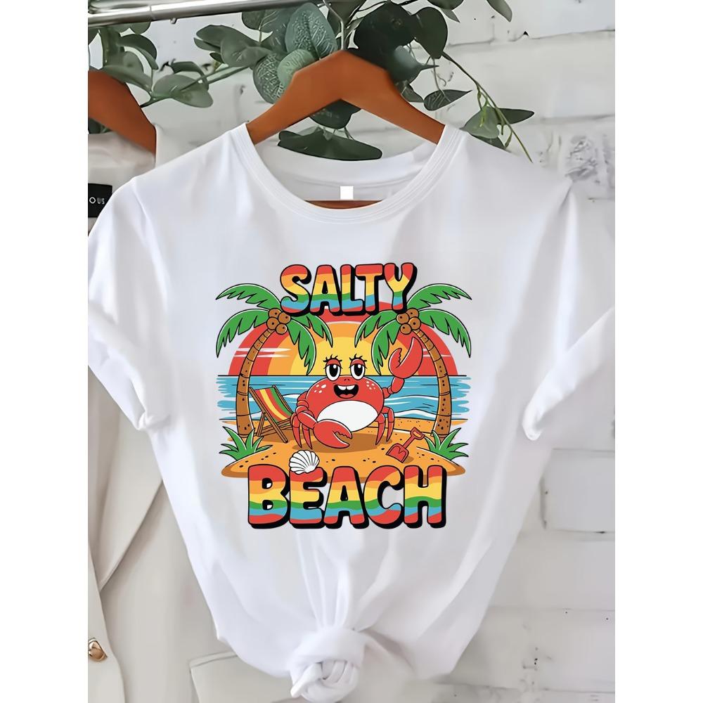 Women White T-Shirt Summer Vibes Tropical Beach Print Soft Cotton Short Sleeve Crew Neck Summer Daily Wear Tee