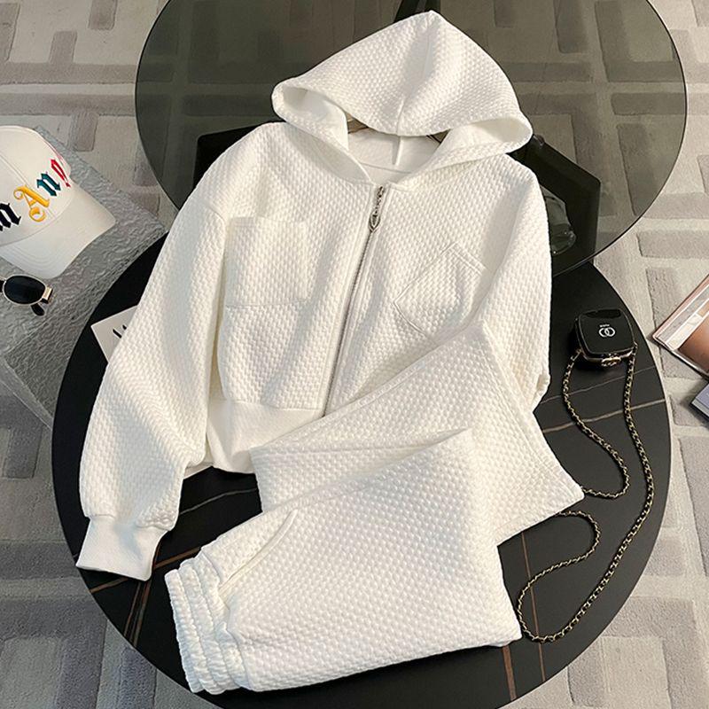 Korean Style White Hoodie & Wide-Leg Pants Set - Casual, Loose, Slimming Two-Piece for Women, Spring & Autumn Fashion