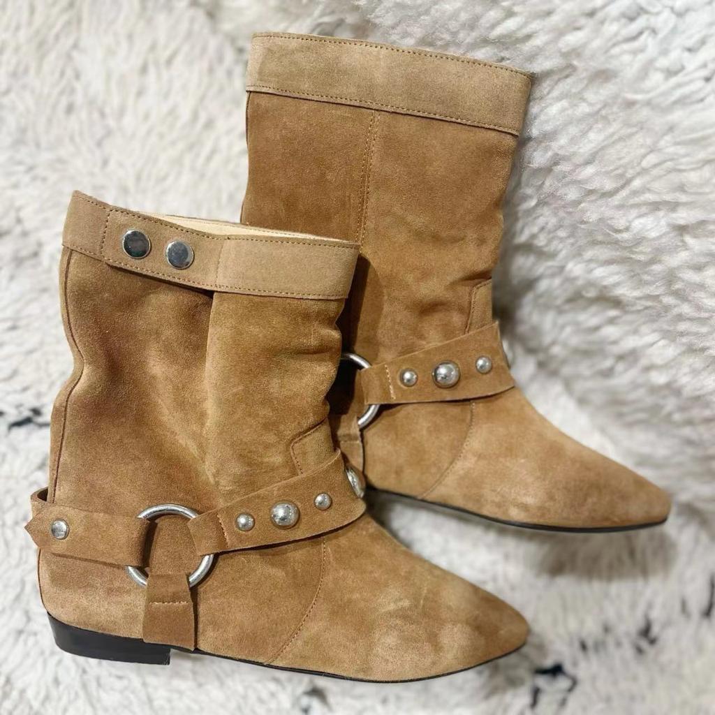High Quality Suede Leather Short Boots Woman Pointed Toe Rivets Buckle Strap Flat Shoes Woman Western Cowboy Boots Women