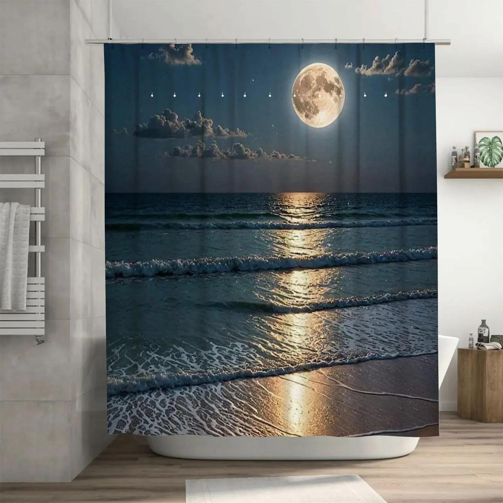 

Full Moon Beach Night Scene Waterproof Shower Curtain Heat Resistant Machine Washable Non-Transparent 180X180Cm W60H190(CM)-1 Pcs