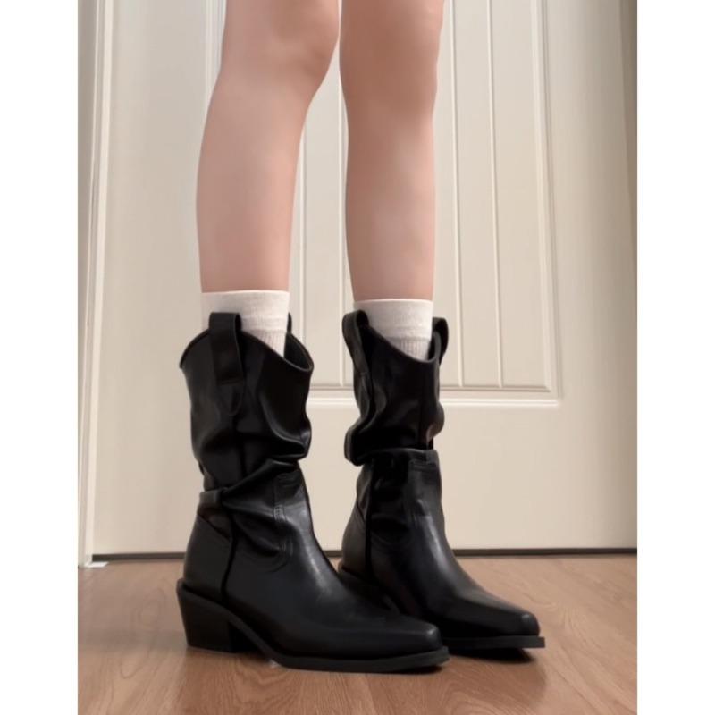 Cowhide version~ Leather thin pointed thick heel short boots women's autumn and winter new stacking boots Western cowboy boots Martin boots