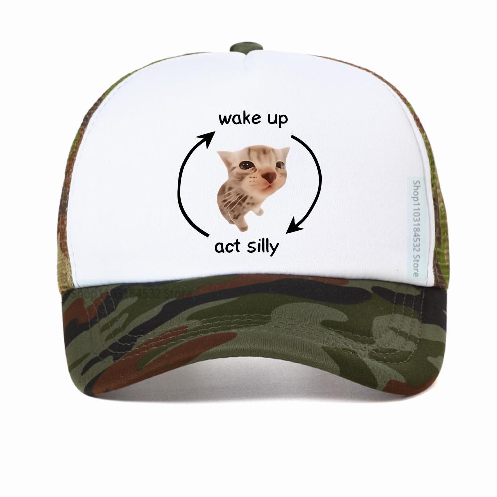 Funny Wake Up Act Silly Cat Print Graphic Baseball Cap Hip Hop Summer Mesh Breathable Trucker Hat Casual Fashion