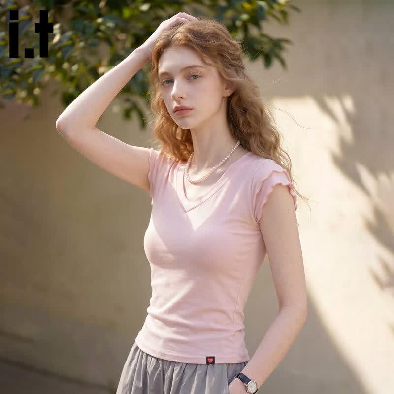 CHOCOOLATEit Women's Slim Fit V-Neck Frilled Short Sleeve T-Shirt