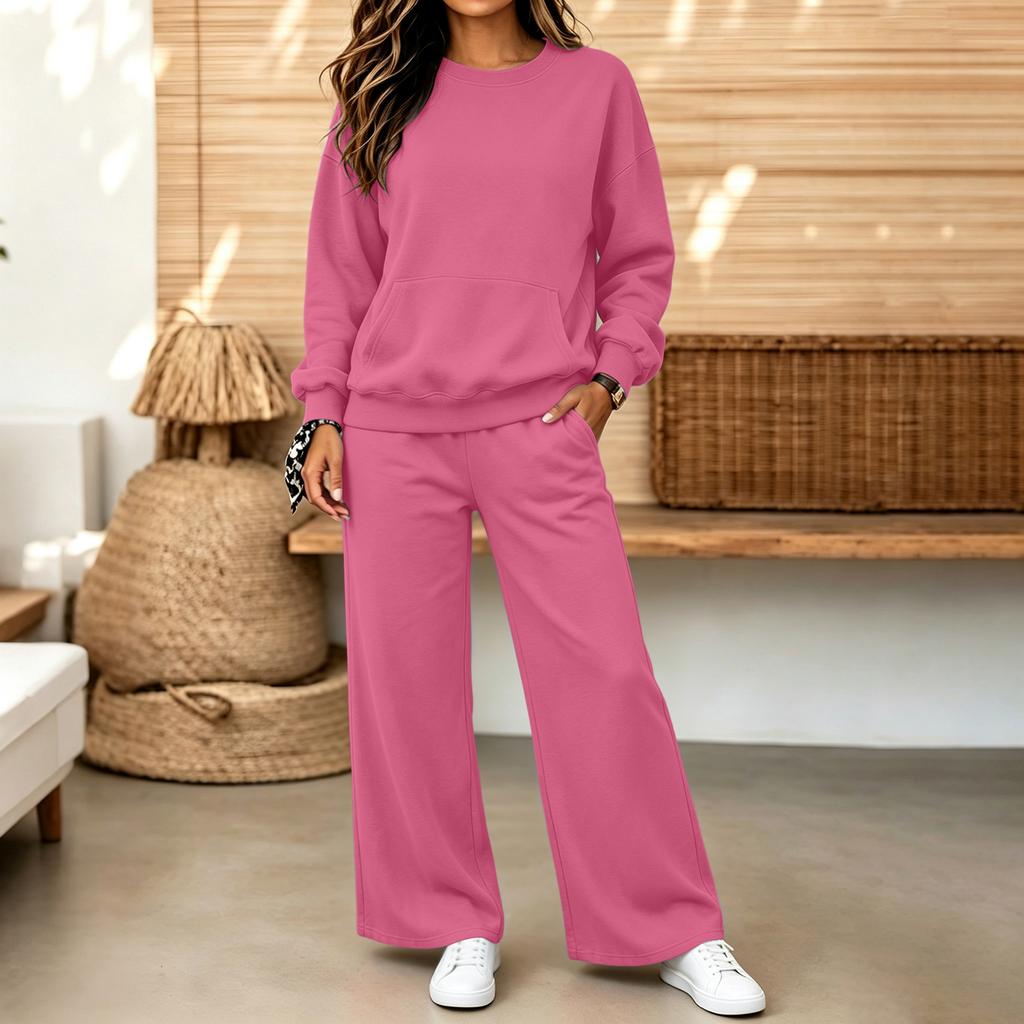 Conjunto Informal Cómodo de Sudadera y Pantalones para Mujer con Cuello Redondo y Bolsillos para Otoño Invierno