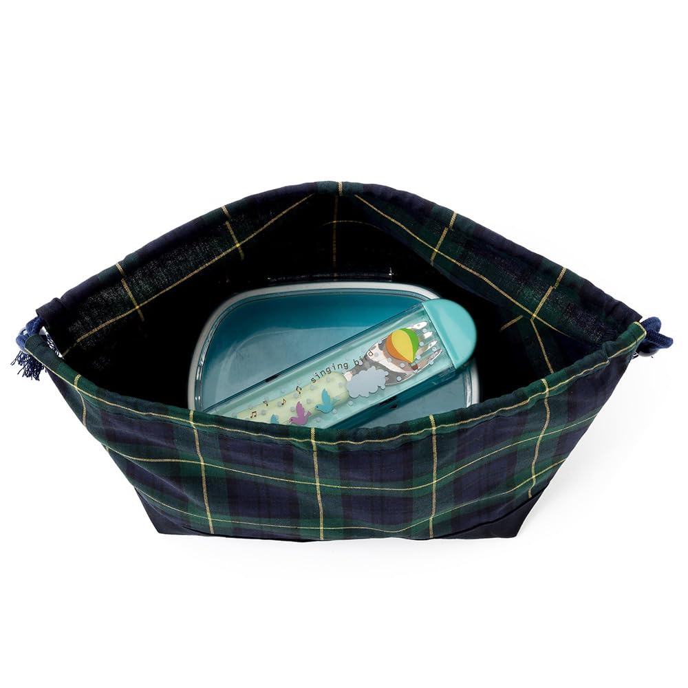 Colorful Candy Style 3-Piece Drawstring Bag Set (Gym Bag, Lunch Bag, and Cup Bag) In Tartan Check and Dark Green. Perfect for Kids, Kindergarten and