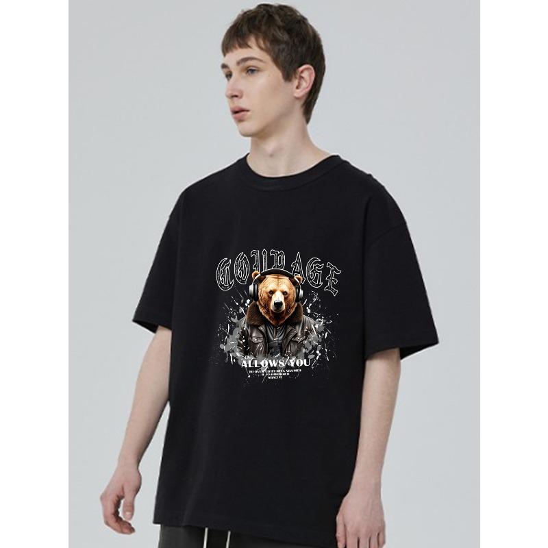 Crewneck T Shirt Black Bear With Headphones And Courage Text Graphic Print Casual Streetwear For Men And Women